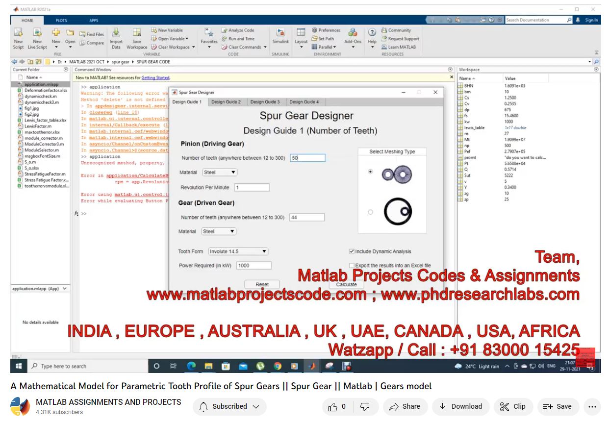 A Mathematical Model For Parametric Tooth Profile Of Spur Gears __ Spur Gear __ Matlab _ Gears Model project simulation thumbnail for Electrical Engineering
