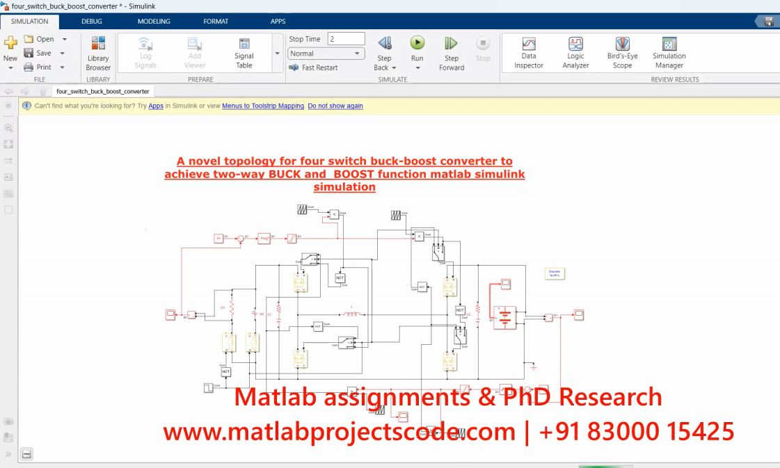 A Novel Topology For Four Switch Buck-Boost Converter To Achieve Two-Way Buck And Boost Function - Matlab Simulink Electrical Simulation project simulation thumbnail for Power Electronics Engineering
