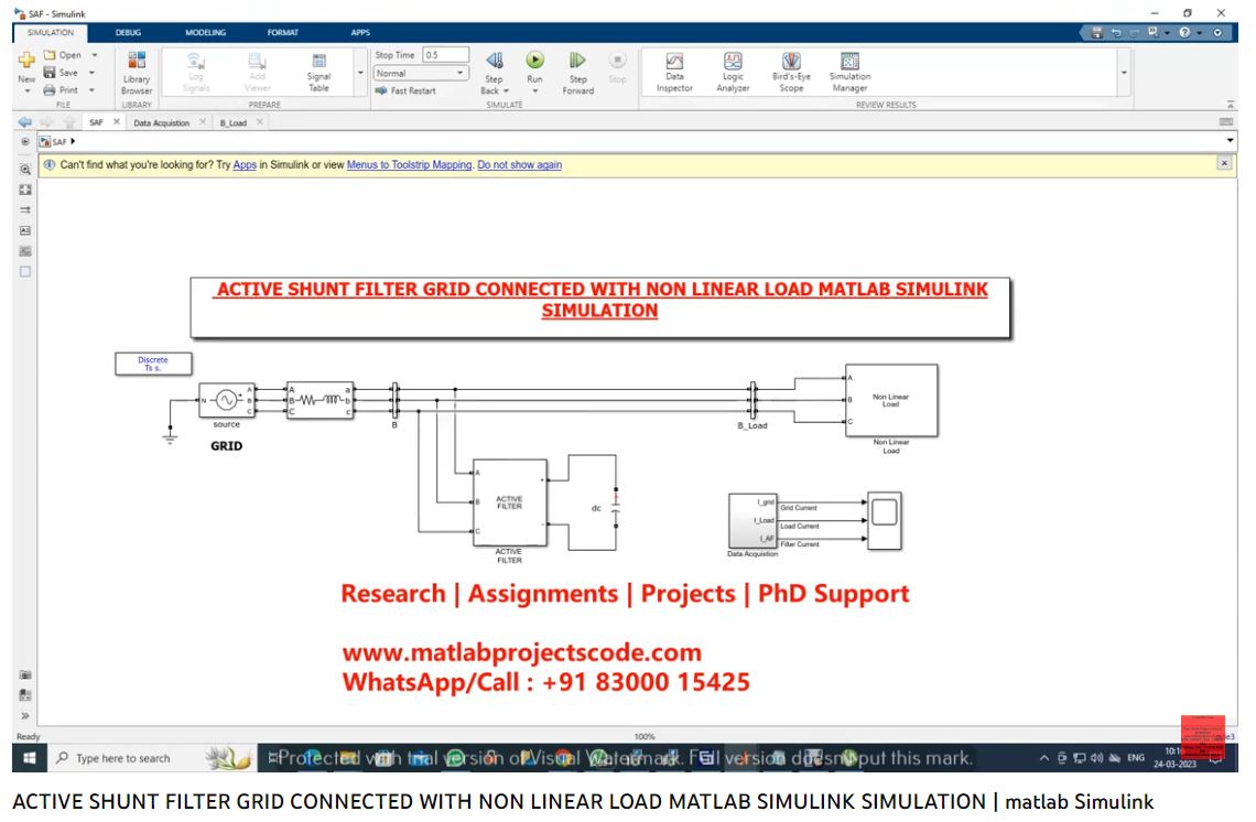 Active Shunt Filter Grid Connected With Non Linear Load Matlab Simulink Model project simulation thumbnail for Power Electronics Engineering