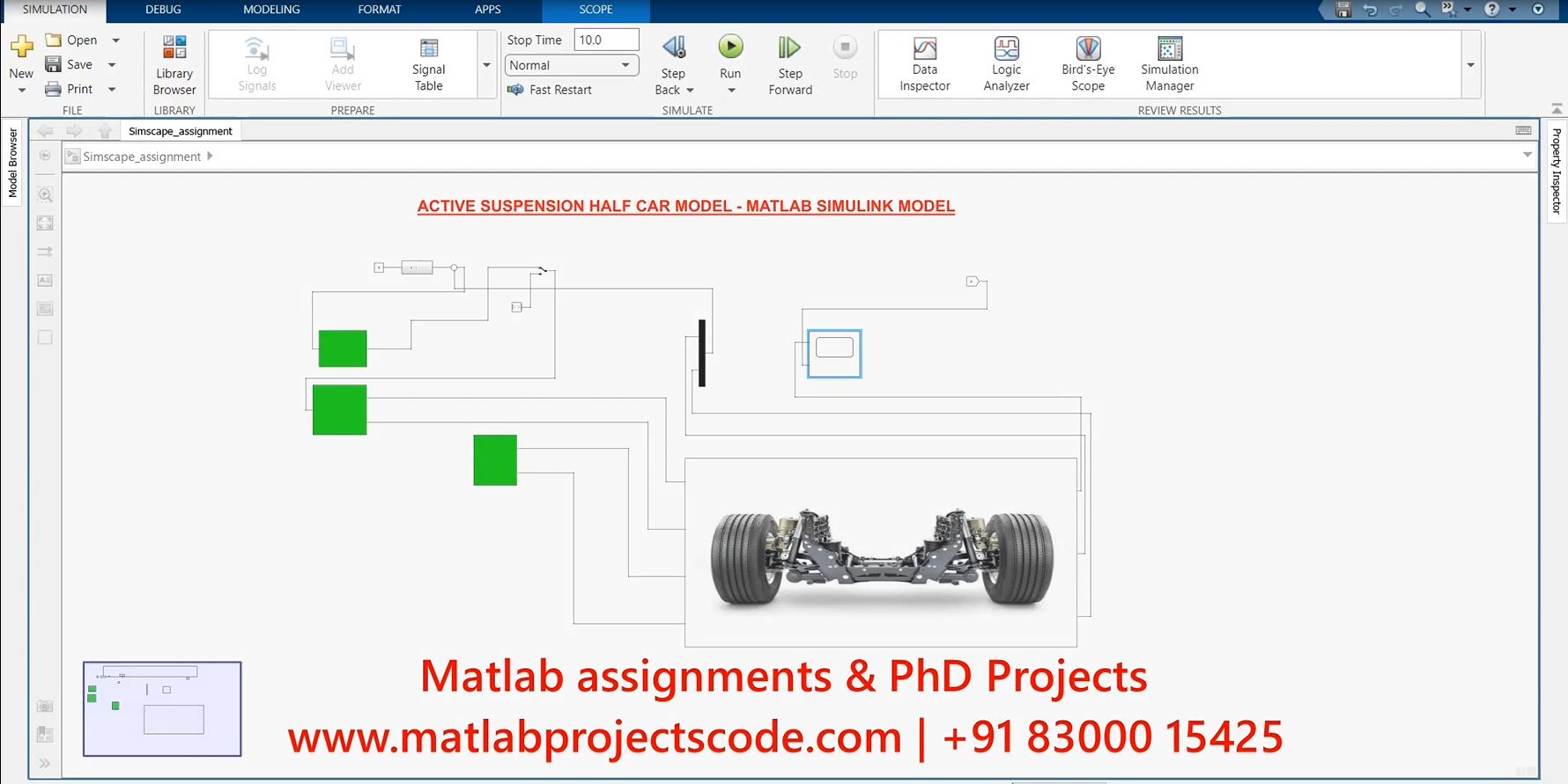 Active Suspension Half Car Model - Matlab Simulink Assignment project simulation thumbnail for Mechanical, EV and Mechatronics Engineering