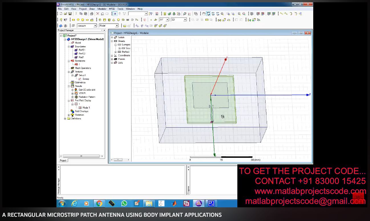 ARECTANGULAR MICROSTRIP PATCH ANTENNA using BODY IMPLANT APPLICATIONS project simulation thumbnail for Electromagnetics and RF Engineering