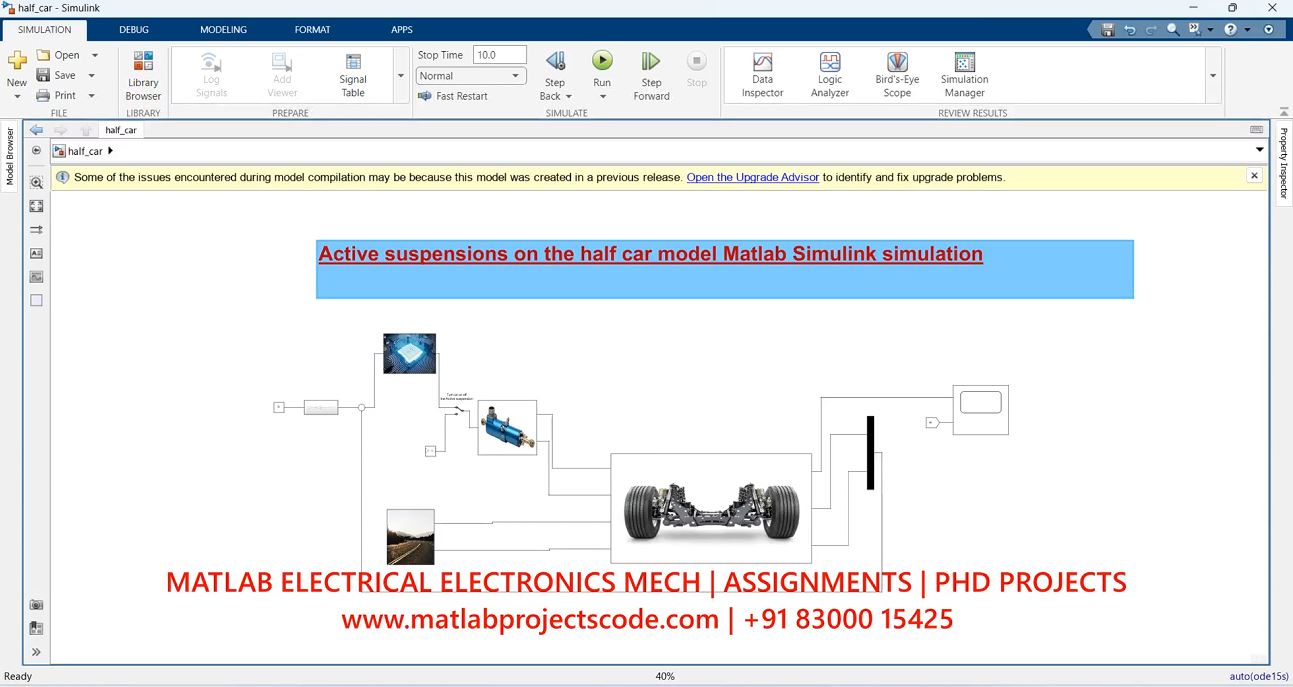 Active Suspensions On The Half Car Model Matlab Simulink Simulation-Vehicle Dynamics - Phd Research project simulation thumbnail for Mechanical, EV and Mechatronics Engineering