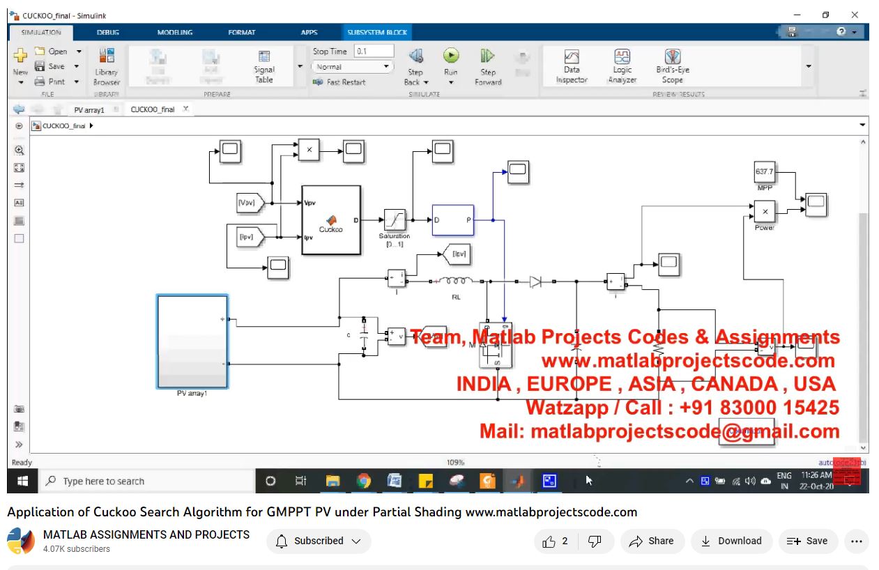 Application Of Cuckoo Search Algorithm For Gmppt Pv Under Partial Shading-Matlab Simulink-Electrical Assignments-Projects-Phd Research project simulation thumbnail for Renewable Energy Engineering