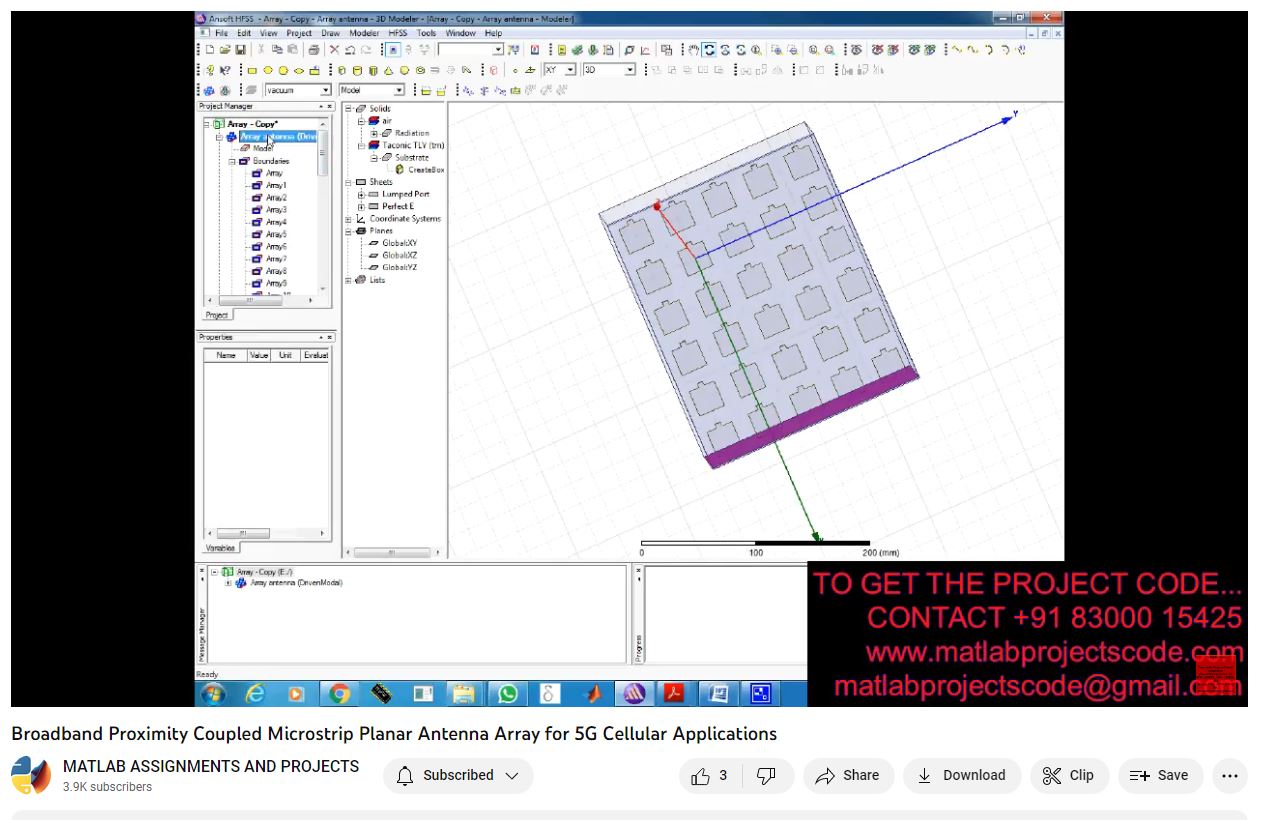 Broadband Proximity Coupled Microstrip Planar Antenna Array for 5G Cellular Applications project simulation thumbnail for Electromagnetics and RF Engineering
