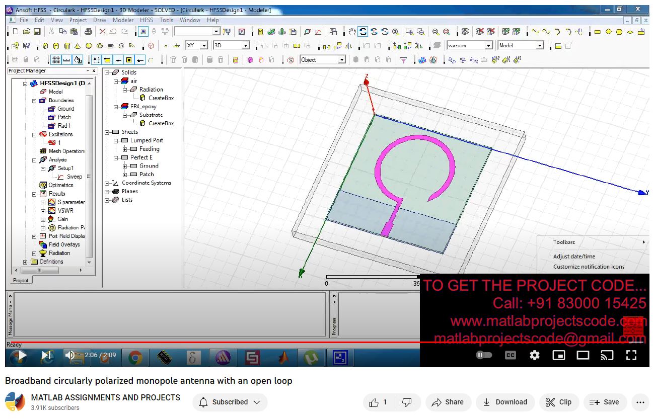 Broadband Circularly Polarized Monopole Antenna With An Open Loop project simulation thumbnail for Electromagnetics and RF Engineering