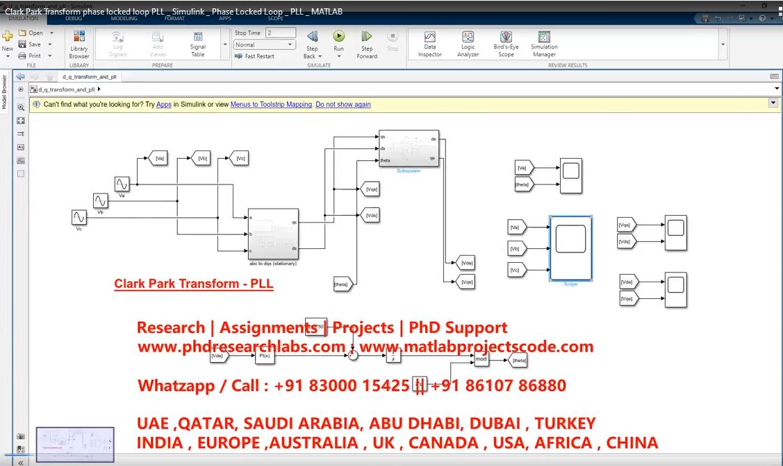 Clark Park Transform Phase Locked Loop Pll _ Simulink _ Phase Locked Loop _ Pll _ Matlab project simulation thumbnail for Electrical Engineering