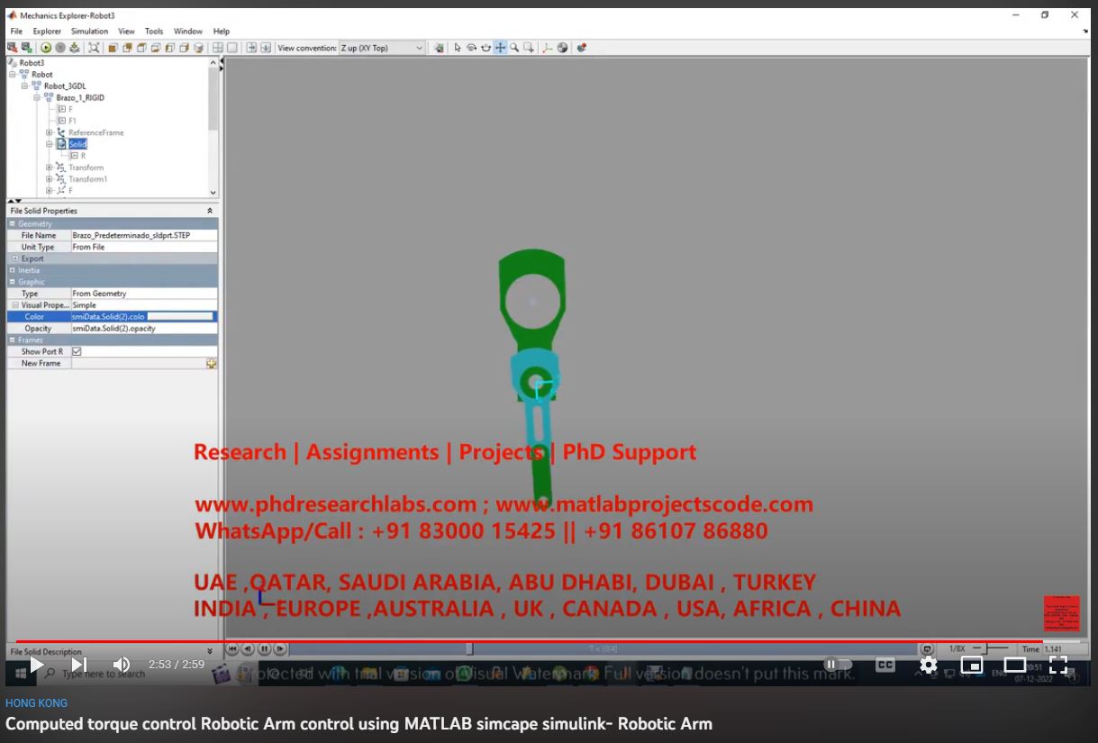 Computed Torque Control - Robotic Arm Control using MATLAB Simcape SIMULINK project simulation thumbnail for Mechanical, EV and Mechatronics Engineering