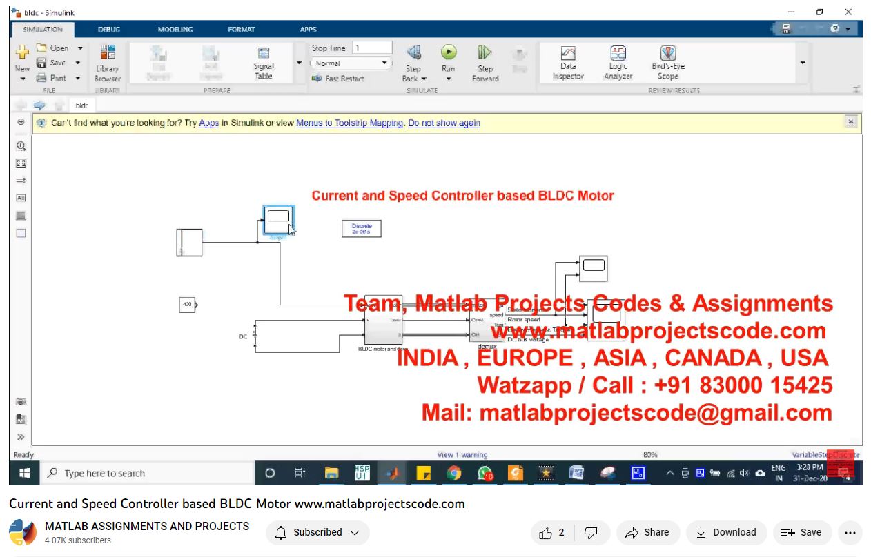 Current And Speed Controller Based Bldc Motor-Matlab Simulink-Electrical Assignments-Projects-Phd Research project simulation thumbnail for Mechanical, EV and Mechatronics Engineering