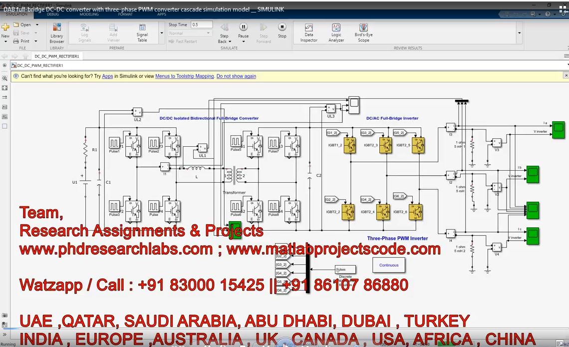 Dab Full-Bridge Dc-Dc Converter With Three-Phase Pwm Converter Cascade Simulation Model __ Simulink project simulation thumbnail for Power Electronics Engineering