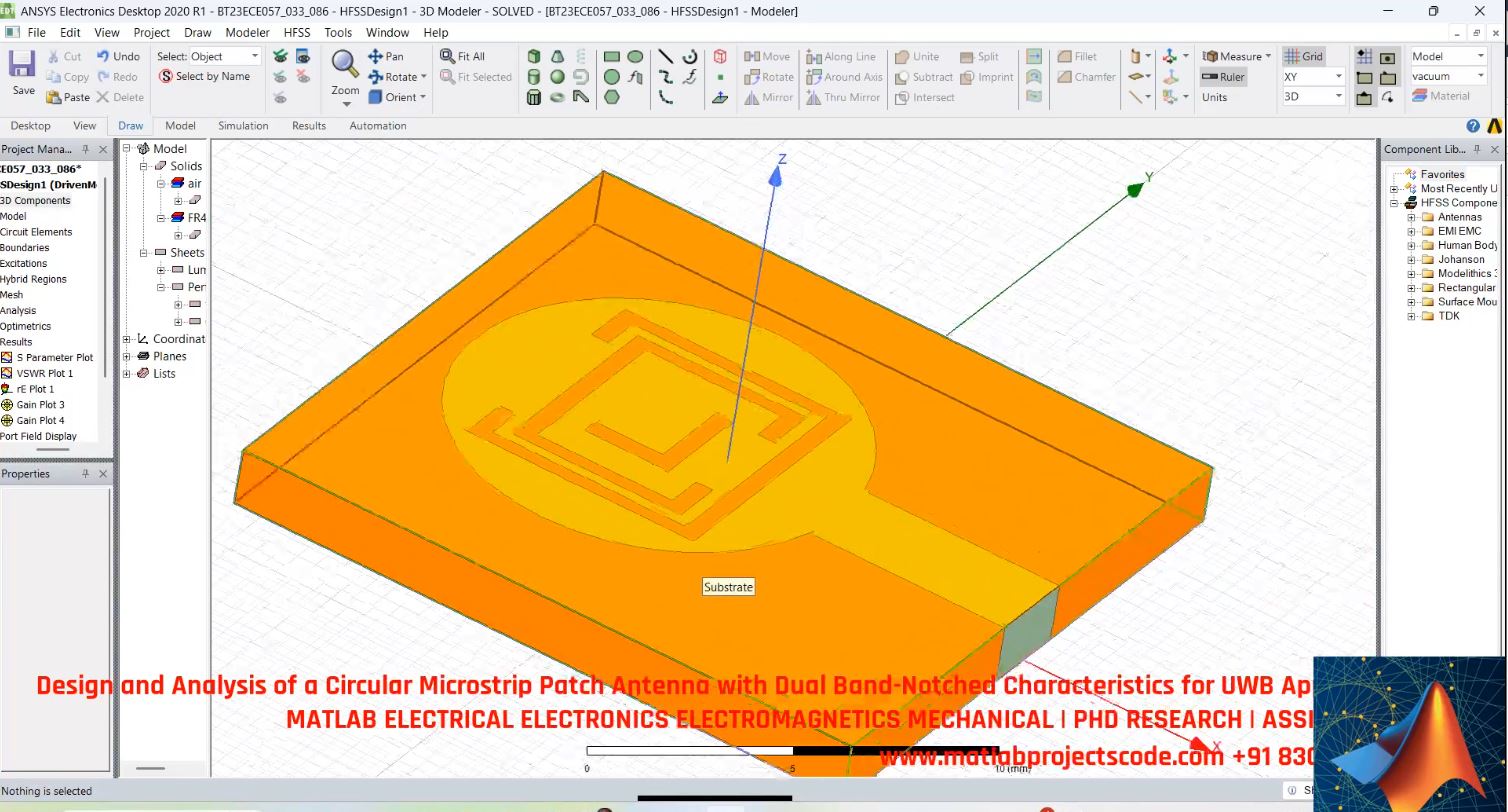 Design And Analysis Of A Circular Microstrip Patch Antenna With Dual Band-Notched Characteristics For Uwb Applications project simulation thumbnail for Electromagnetics and RF Engineering