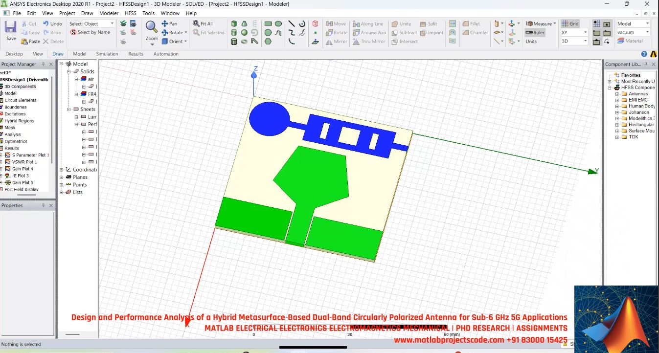 Design And Performance Analysis Of A Hybrid Metasurface-Based Dual-Band Circularly Polarized Antenna For Sub-6 Ghz 5G Applications project simulation thumbnail for Electromagnetics and RF Engineering