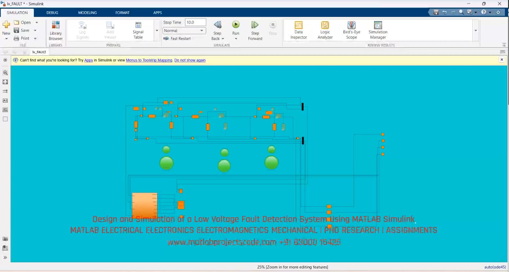 Design And Simulation Of A Low Voltage Fault Detection System Using Matlab Simulink project simulation thumbnail for Electrical Engineering