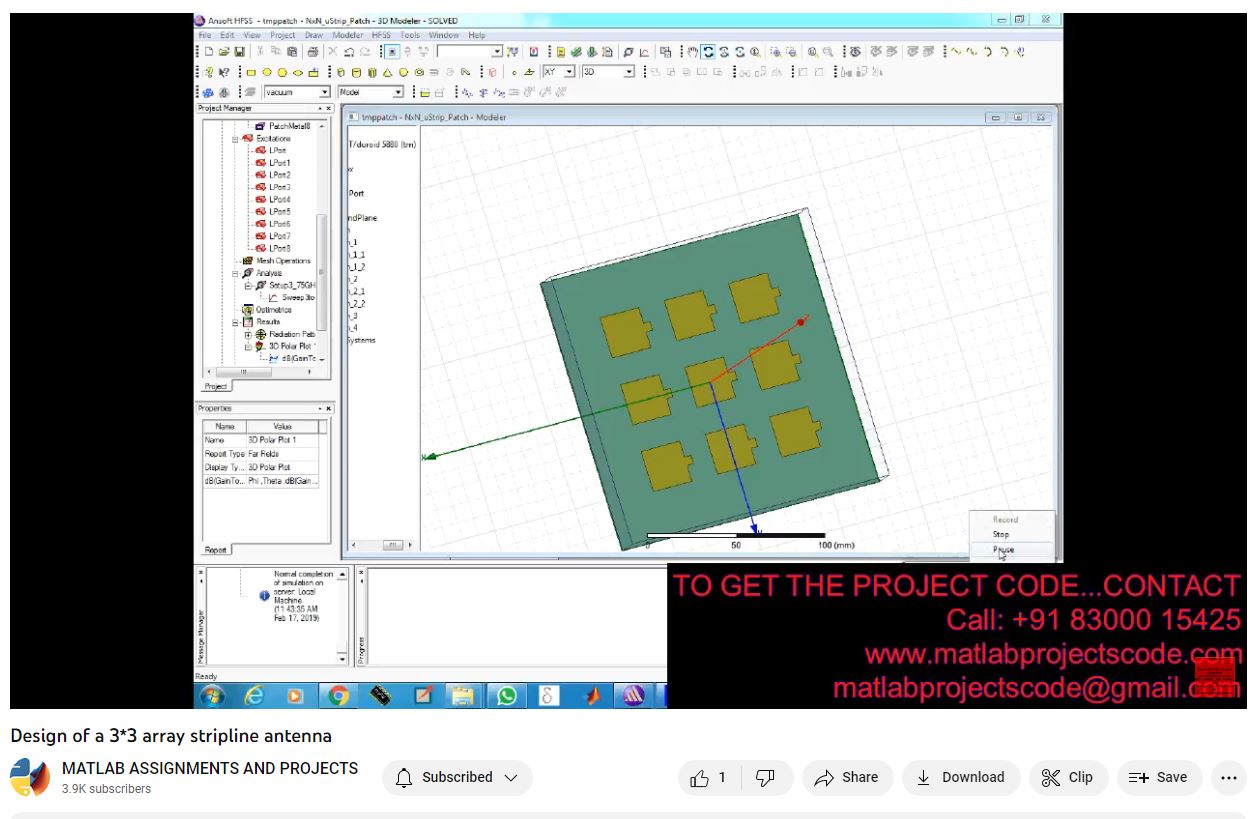 Design Of A 3_3 Array Stripline Antenna project simulation thumbnail for Electromagnetics and RF Engineering