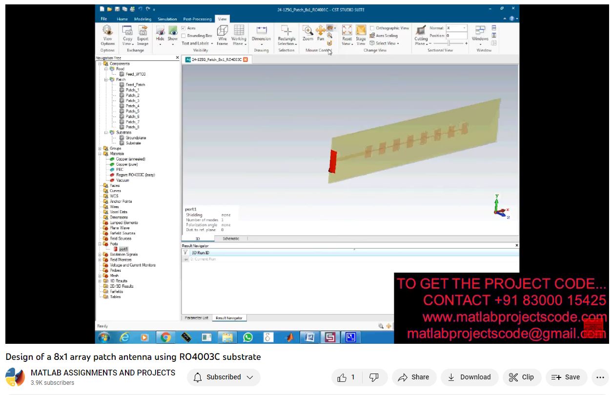 Design of a 8x1 Array Patch Antenna using RO4003C Substrate project simulation thumbnail for Electromagnetics and RF Engineering