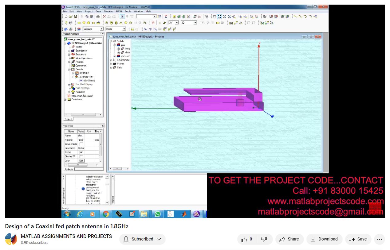 Design of a Coaxial Fed Patch Antenna in 1.8GHz project simulation thumbnail for Electromagnetics and RF Engineering