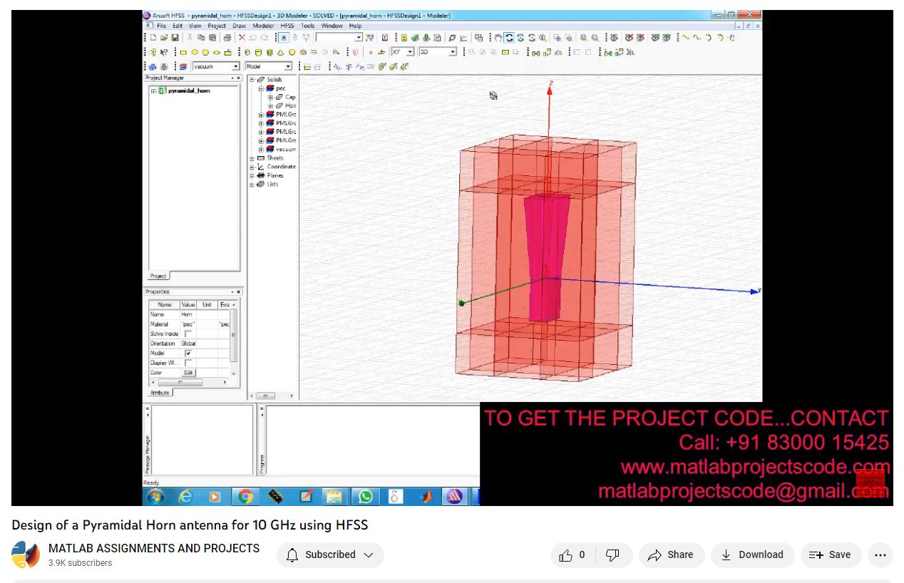Design of a Pyramidal Horn Antenna for 10 GHz using HFSS project simulation thumbnail for Electromagnetics and RF Engineering