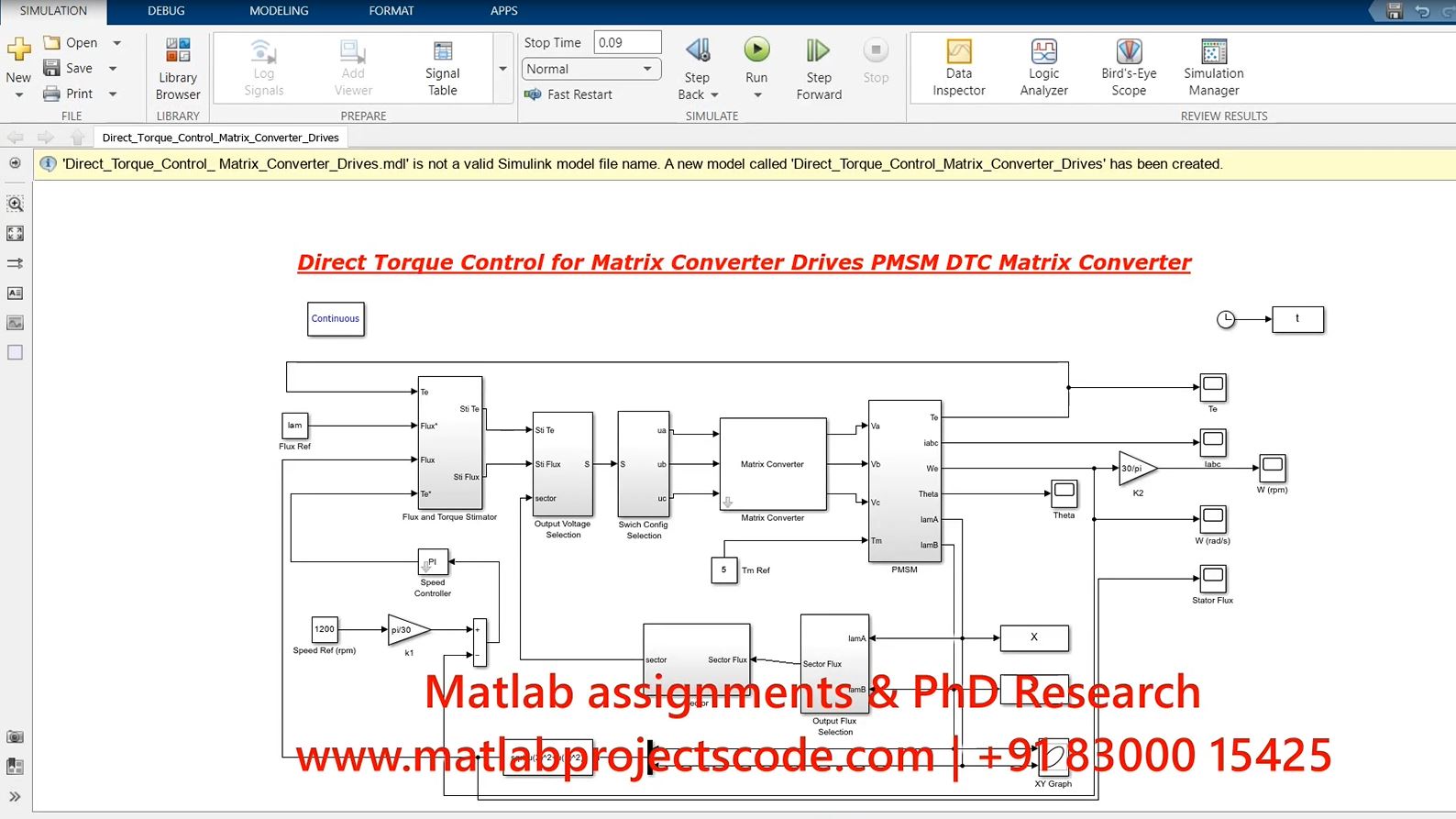 Direct Torque Control For Matrix Converter Drives Pmsm Dtc Matrix Converter - Matlab Simulink Electrical Simulation project simulation thumbnail for Mechanical, EV and Mechatronics Engineering