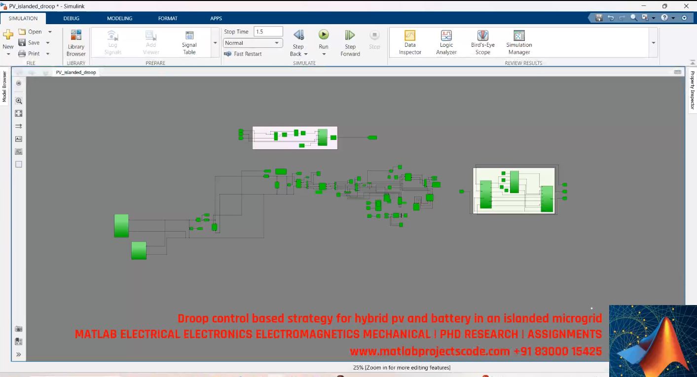 Droop Control Based Strategy For Hybrid Pv And Battery In An Islanded Microgrid - Matlab Simulink project simulation thumbnail for Renewable Energy Engineering