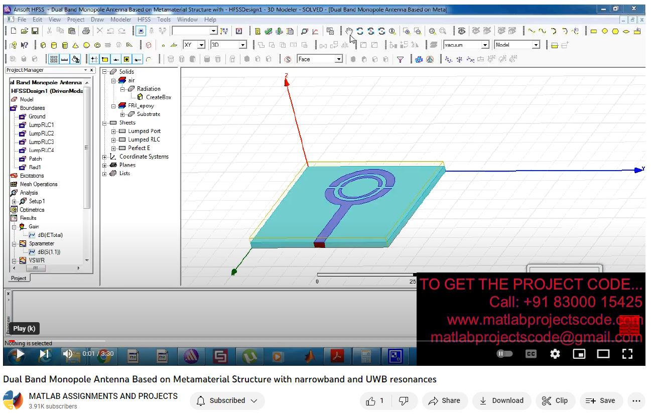 Dual Band Monopole Antenna Based On Metamaterial Structure With Narrowband And Uwb Resonances project simulation thumbnail for Electromagnetics and RF Engineering
