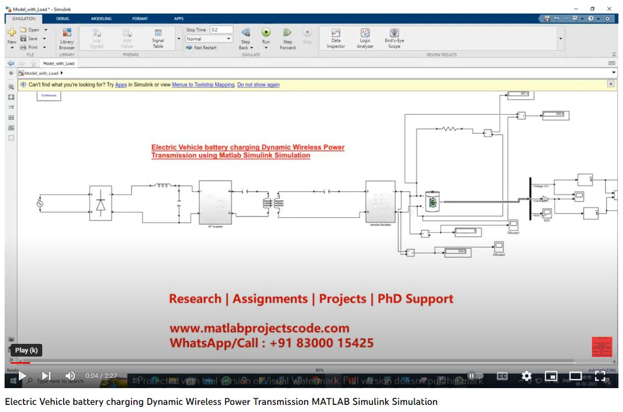 Electric Vehicle Battery Charging Dynamic Wireless Power Transmission Using Matlab Simulink Simulation project simulation thumbnail for Renewable Energy Engineering
