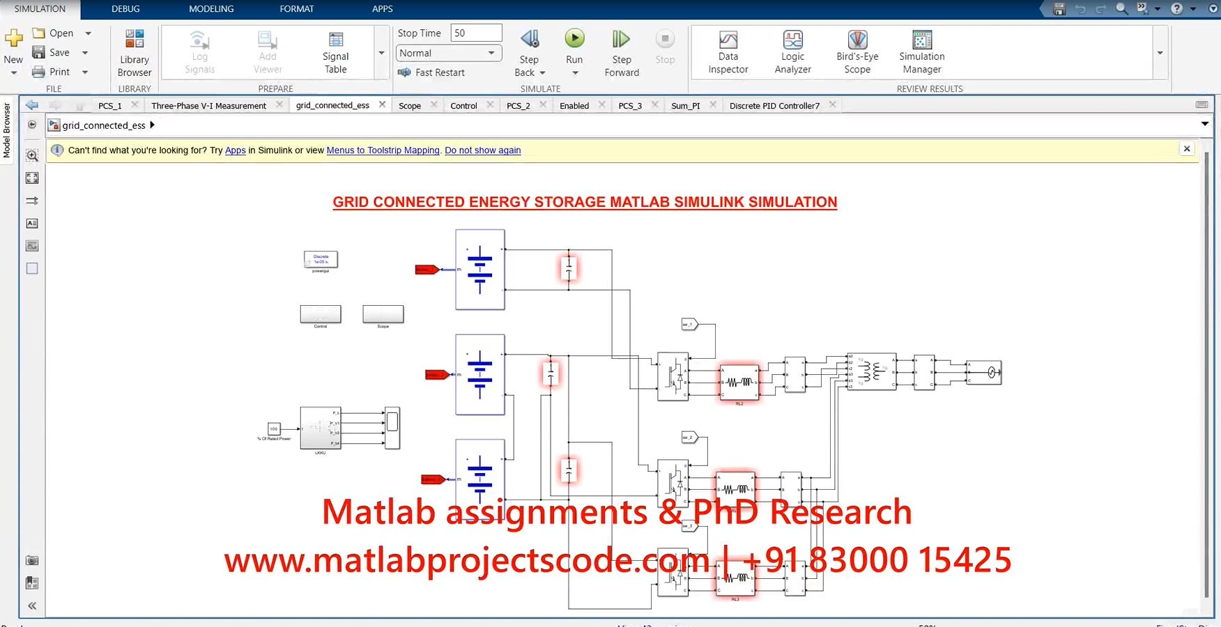 Grid Connected Energy Storage - Matlab Simulink Simulation project simulation thumbnail for Renewable Energy Engineering
