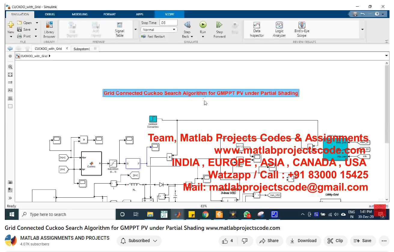 Grid Connected Cuckoo Search Algorithm For Gmppt Pv Under Partial Shading-Matlab Simulink-Electrical Assignments-Projects-Phd Research project simulation thumbnail for Renewable Energy Engineering