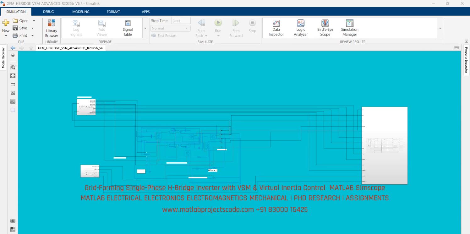 Grid-Forming Single-Phase H-Bridge Inverter with VSM & Virtual Inertia Control MATLAB Simscape project thumbnail image