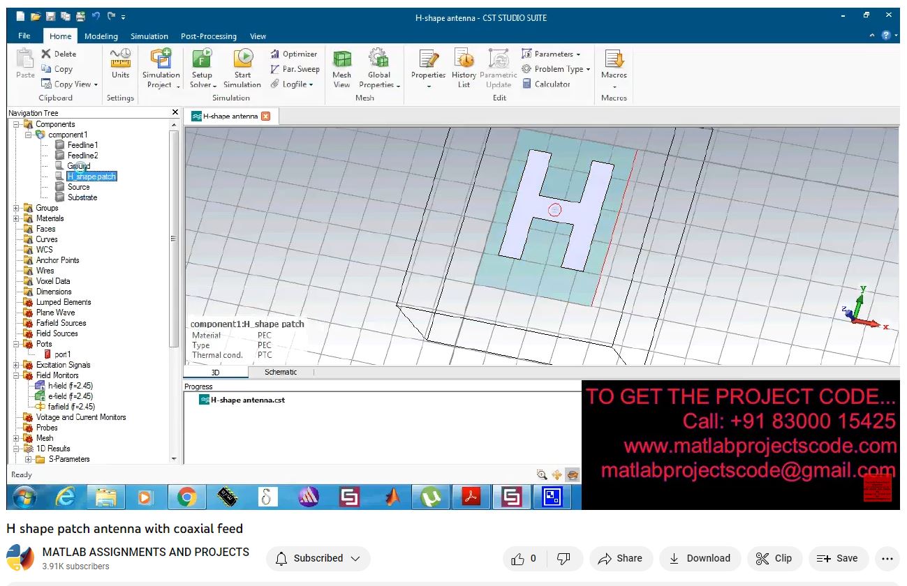 H Shape Patch Antenna With Coaxial Feed project simulation thumbnail for Electromagnetics and RF Engineering