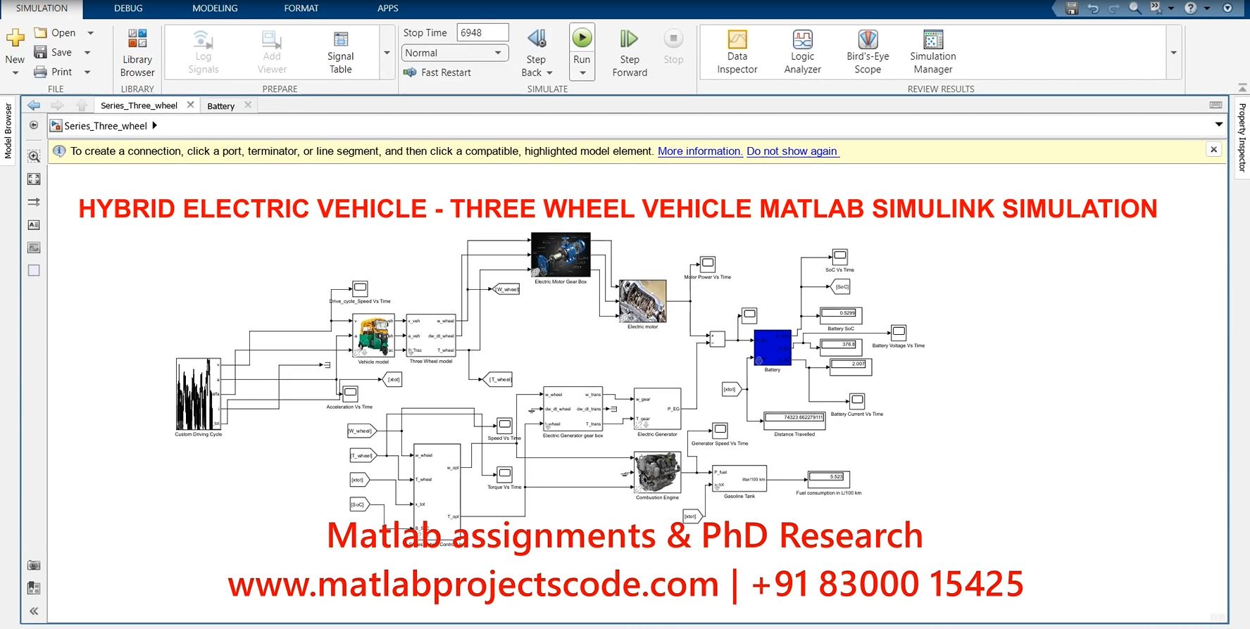 Hybrid Electric Vehicle - Three Wheel Vehicle Matlab Simulink Simulation project simulation thumbnail for Mechanical, EV and Mechatronics Engineering