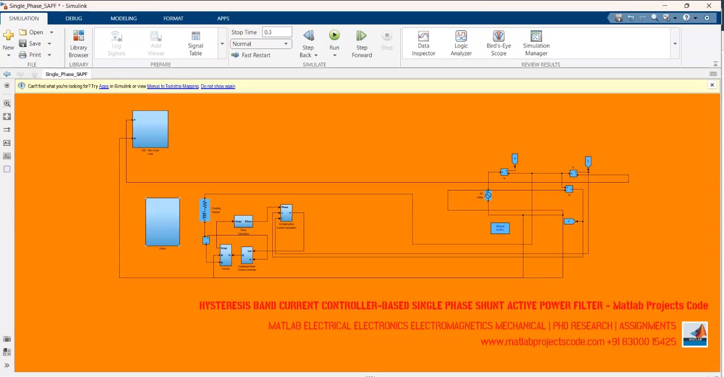 Hysteresis Band Current Controller-Based Single Phase Shunt Active Power Filter - Matlab Projects Code project simulation thumbnail for Electromagnetics and RF Engineering