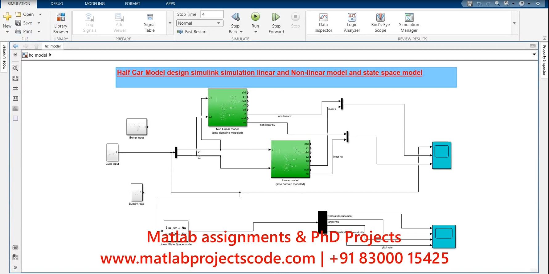 Half Car Model Design - Linear And Non-Linear Model And State Space Model - Matlab Simulink Simulation Project project simulation thumbnail for Electrical Engineering