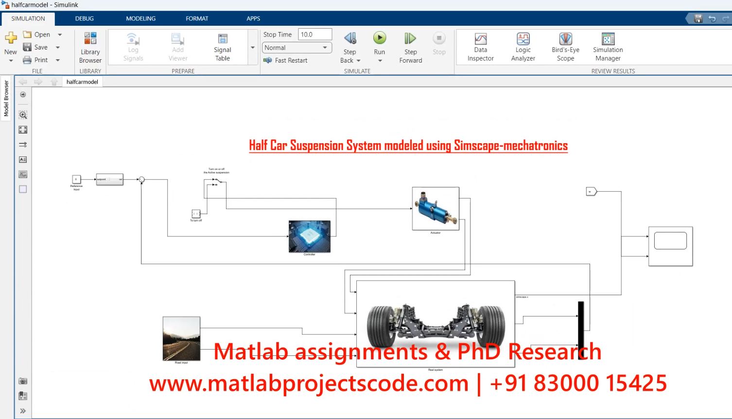 Half Car Suspension System Modeled Using Simscape-Mechatronics project simulation thumbnail for Mechanical, EV and Mechatronics Engineering