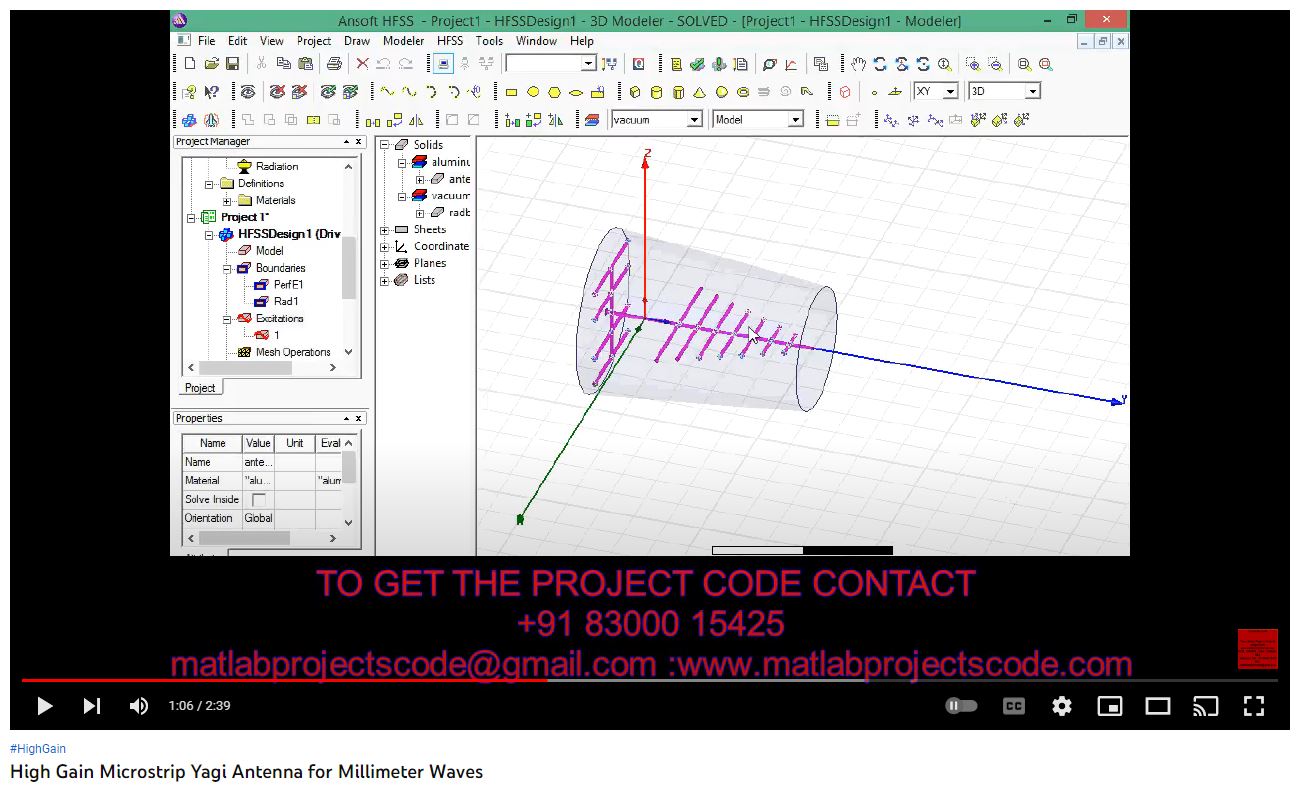 High Gain Microstrip Yagi Antenna for Millimeter Waves project simulation thumbnail for Electromagnetics and RF Engineering