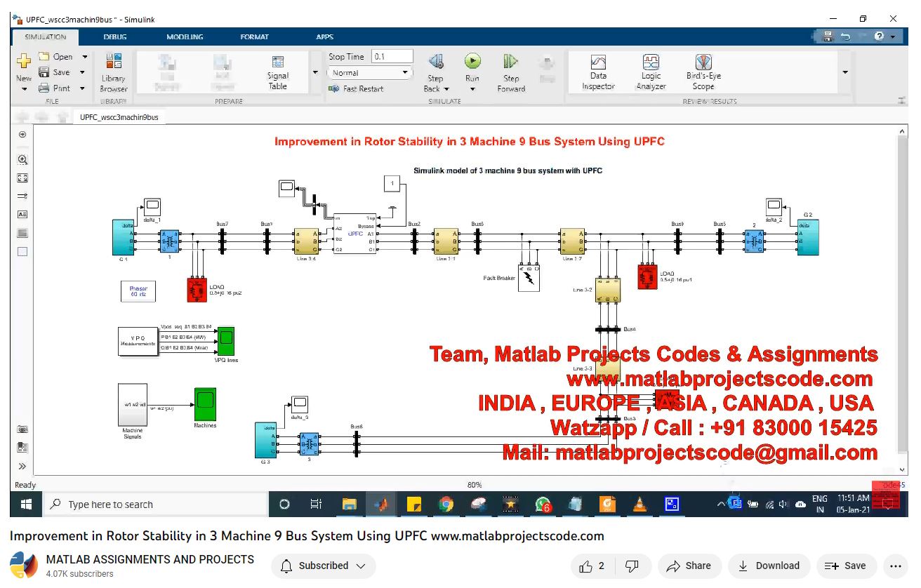 Improvement In Rotor Stability In 3 Machine 9 Bus System Using Upfc-Matlab Simulink-Electrical Assignments-Projects-Phd Research project simulation thumbnail for Mechanical, EV and Mechatronics Engineering
