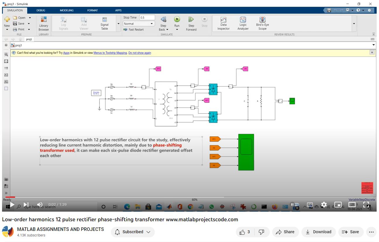 Low-Order Harmonics 12 Pulse Rectifier Phase-Shifting Transformer project simulation thumbnail for Electrical Engineering