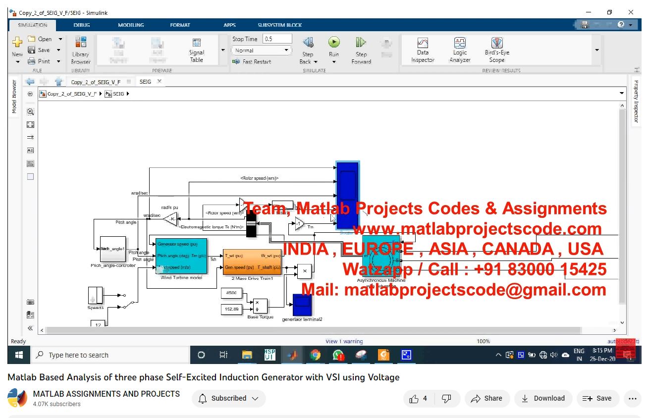 Matlab Based Analysis Of Three Phase Self-Excited Induction Generator With Vsi Using Voltage-Matlab Simulink-Electrical Assignments-Projects-Phd Research project simulation thumbnail for Mechanical, EV and Mechatronics Engineering