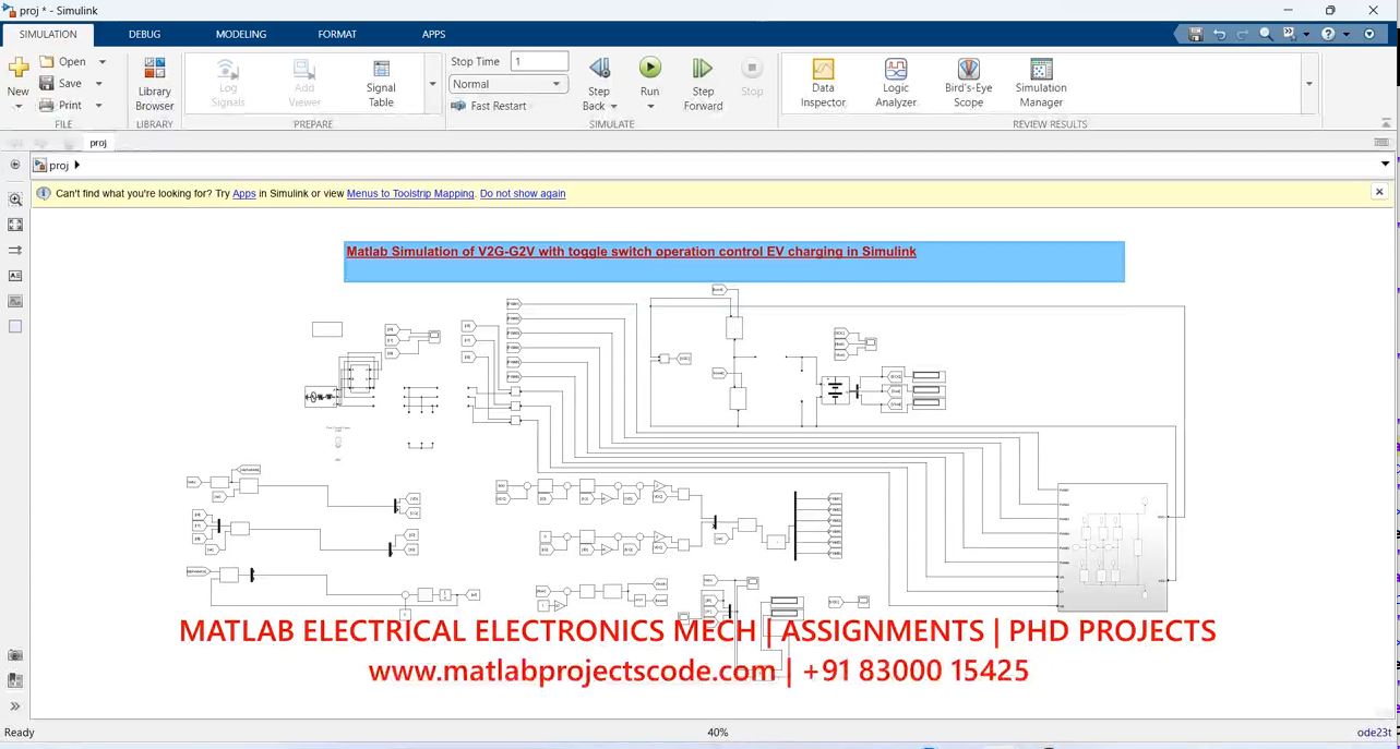 Matlab Simulation Of Bidirectional V2G-G2V With Toggle Switch Operation Control Ev Charging In Simulink - Phd Research project simulation thumbnail for Mechanical, EV and Mechatronics Engineering