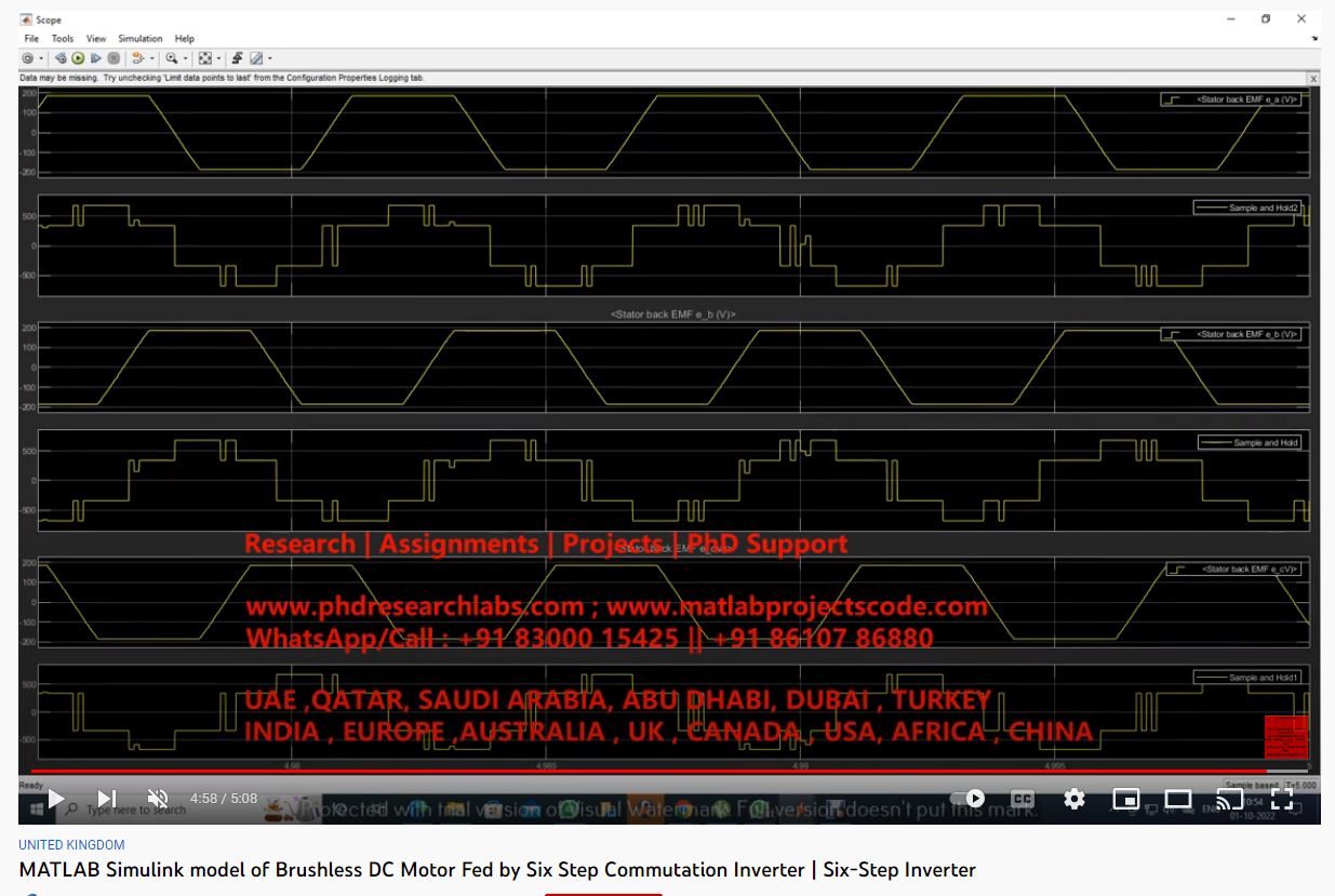 MATLAB SIMULINK Model of Brushless DC Motor Fed by Six-Step Commutation Inverter project simulation thumbnail for Power Electronics Engineering