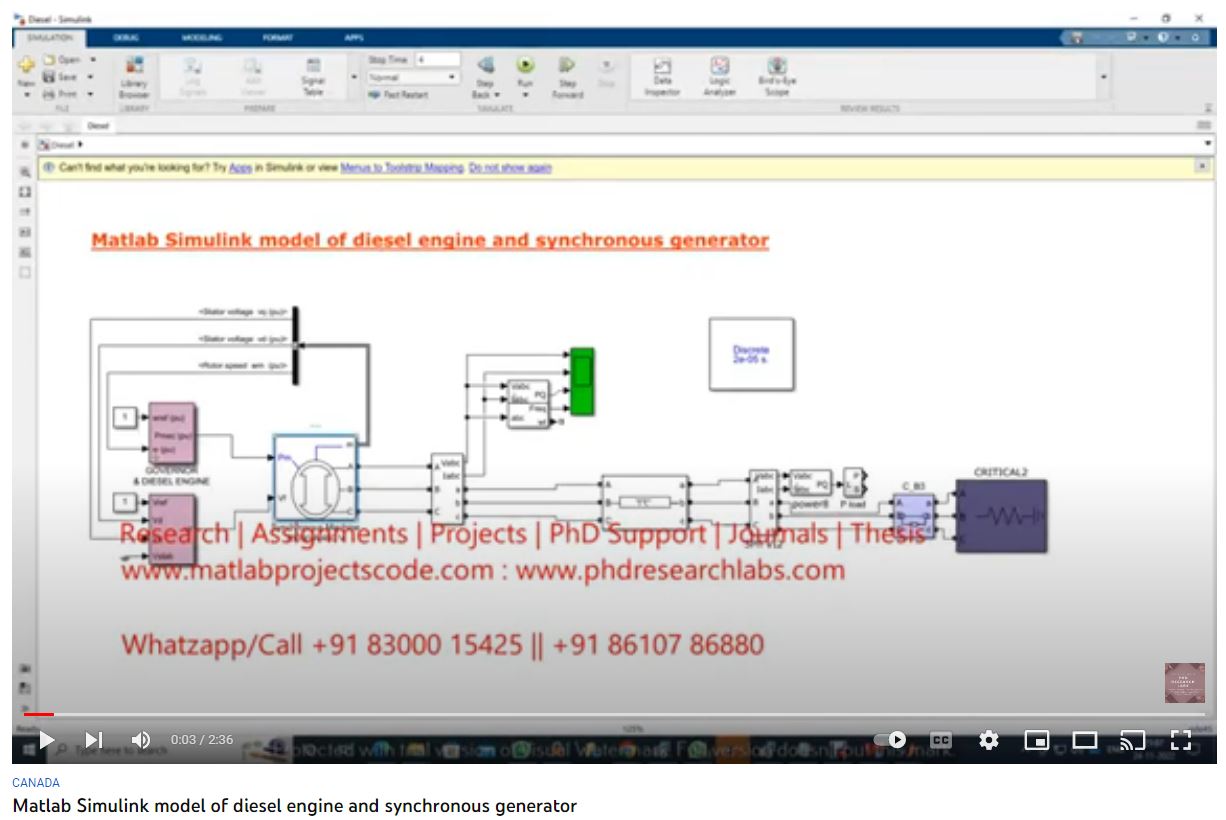 MATLAB SIMULINK Model of Diesel Engine and Synchronous Generator project simulation thumbnail for Mechanical, EV and Mechatronics Engineering
