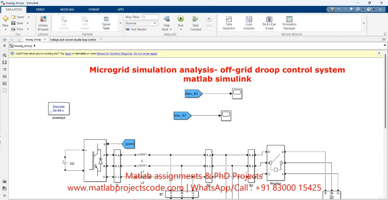 Microgrid Simulation Analysis- Off-Grid Droop Control System Matlab Simulink project simulation thumbnail for Renewable Energy Engineering