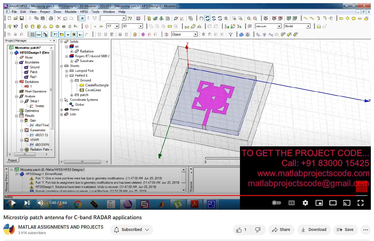 Microstrip Patch Antenna For C-Band Radar Applications project simulation thumbnail for Electromagnetics and RF Engineering