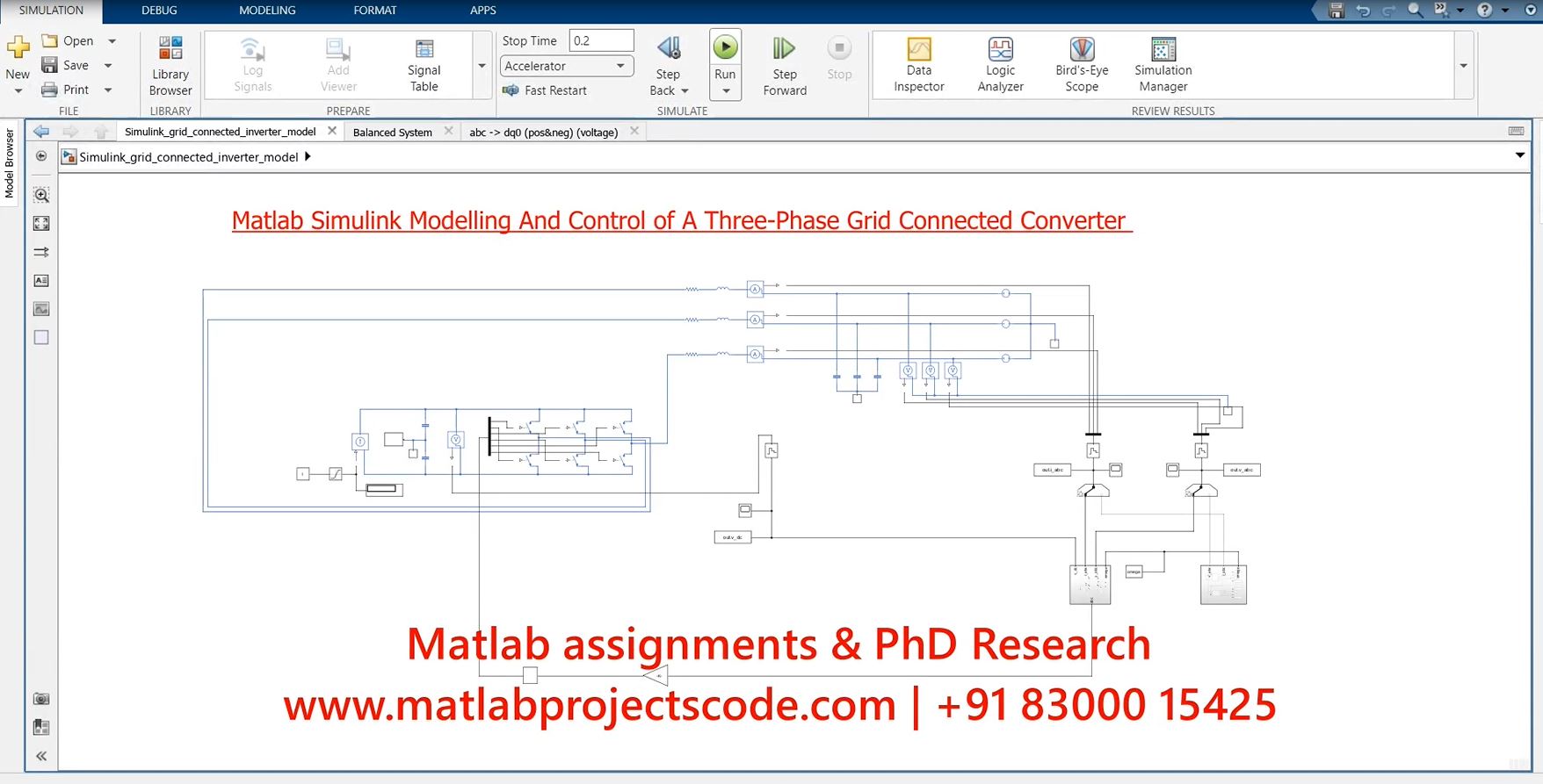 Modelling And Control Of A Three-Phase Grid Connected Converter - Electrical Matlab Simulation project simulation thumbnail for Renewable Energy Engineering