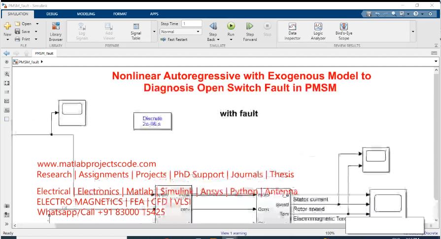 Nonlinear Autoregressive With Exogenous Model To Diagnosis Open Switch Fault In Pmsm project simulation thumbnail for Mechanical, EV and Mechatronics Engineering