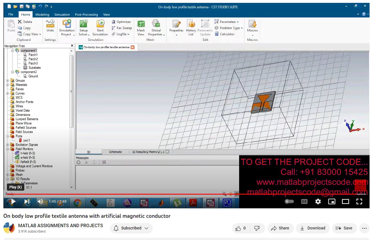 On Body Low Profile Textile Antenna With Artificial Magnetic Conductor project simulation thumbnail for Electromagnetics and RF Engineering