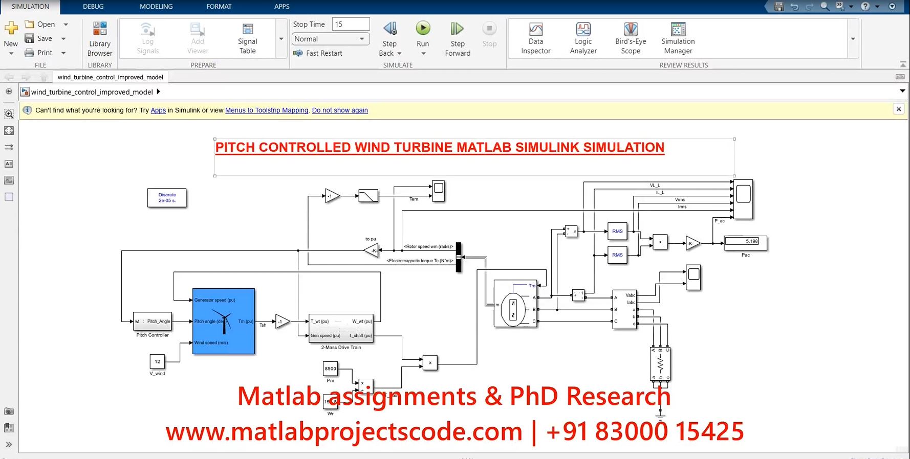 Pitch Controlled Wind Turbine - Matlab Simulation Electrical Model project simulation thumbnail for Renewable Energy Engineering