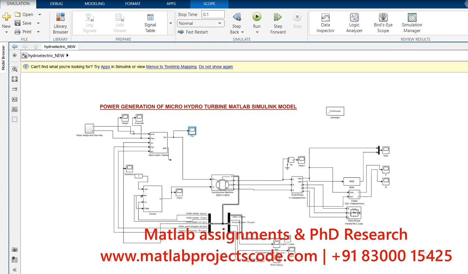 Power Generation Of Micro Hydro Turbine - Matlab Simulink Electrical Simulation project simulation thumbnail for Renewable Energy Engineering