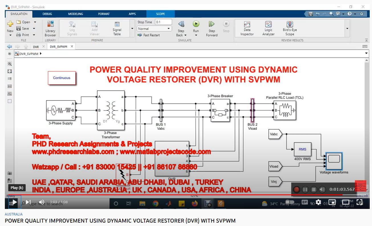 POWER QUALITY IMPROVEMENT using DYNAMIC VOLTAGE RESTORER (DVR) WITH SVPWM project simulation thumbnail for Power Electronics Engineering