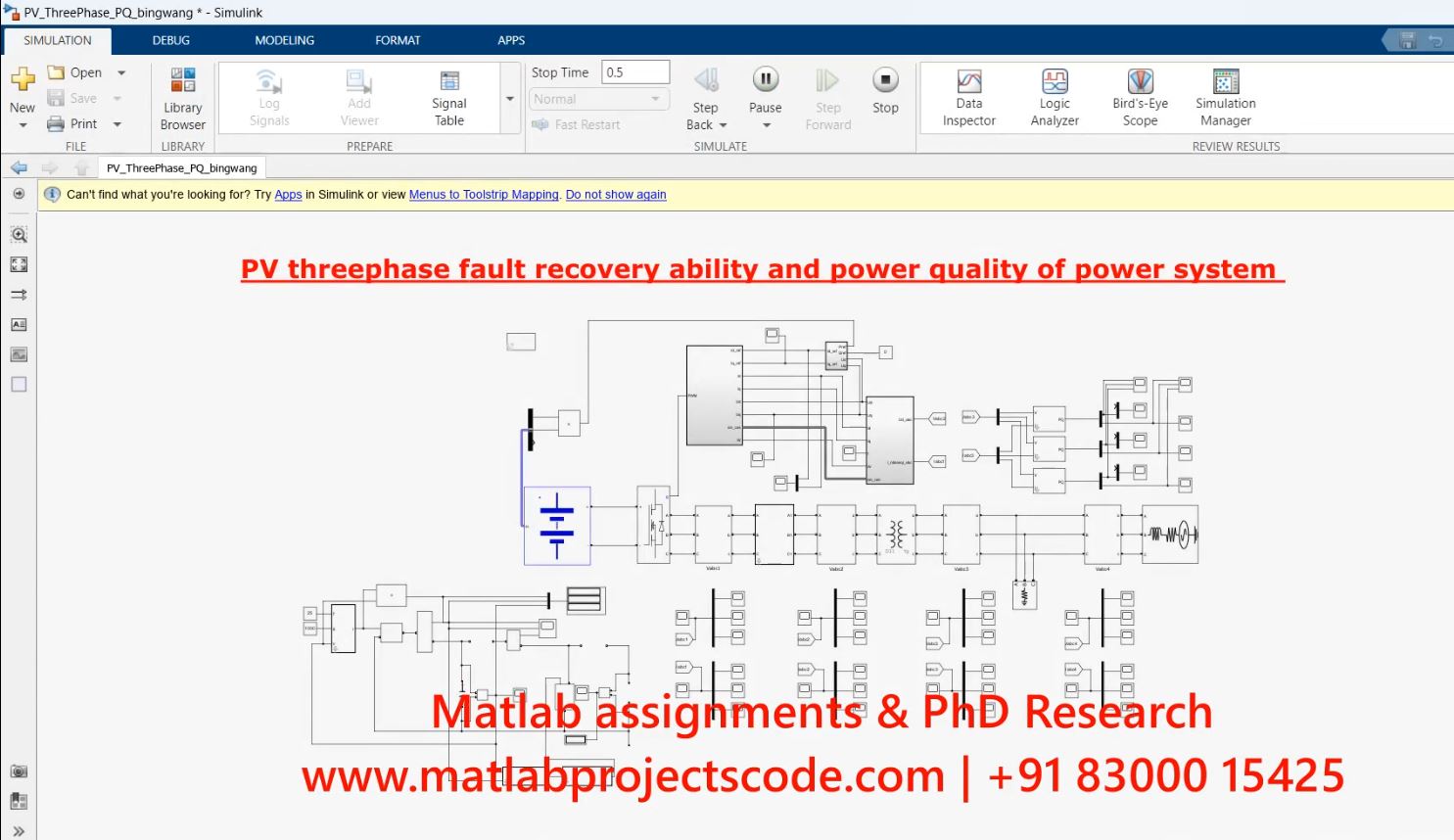 Pv Three Phase Fault Recovery Ability And Power Quality Of Power System-Electrical-Simulink project simulation thumbnail for Renewable Energy Engineering