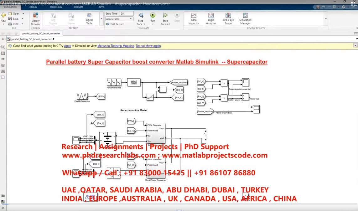 Parallel Battery Super Capacitor Boost Converter Matlab Simulink project simulation thumbnail for Renewable Energy Engineering