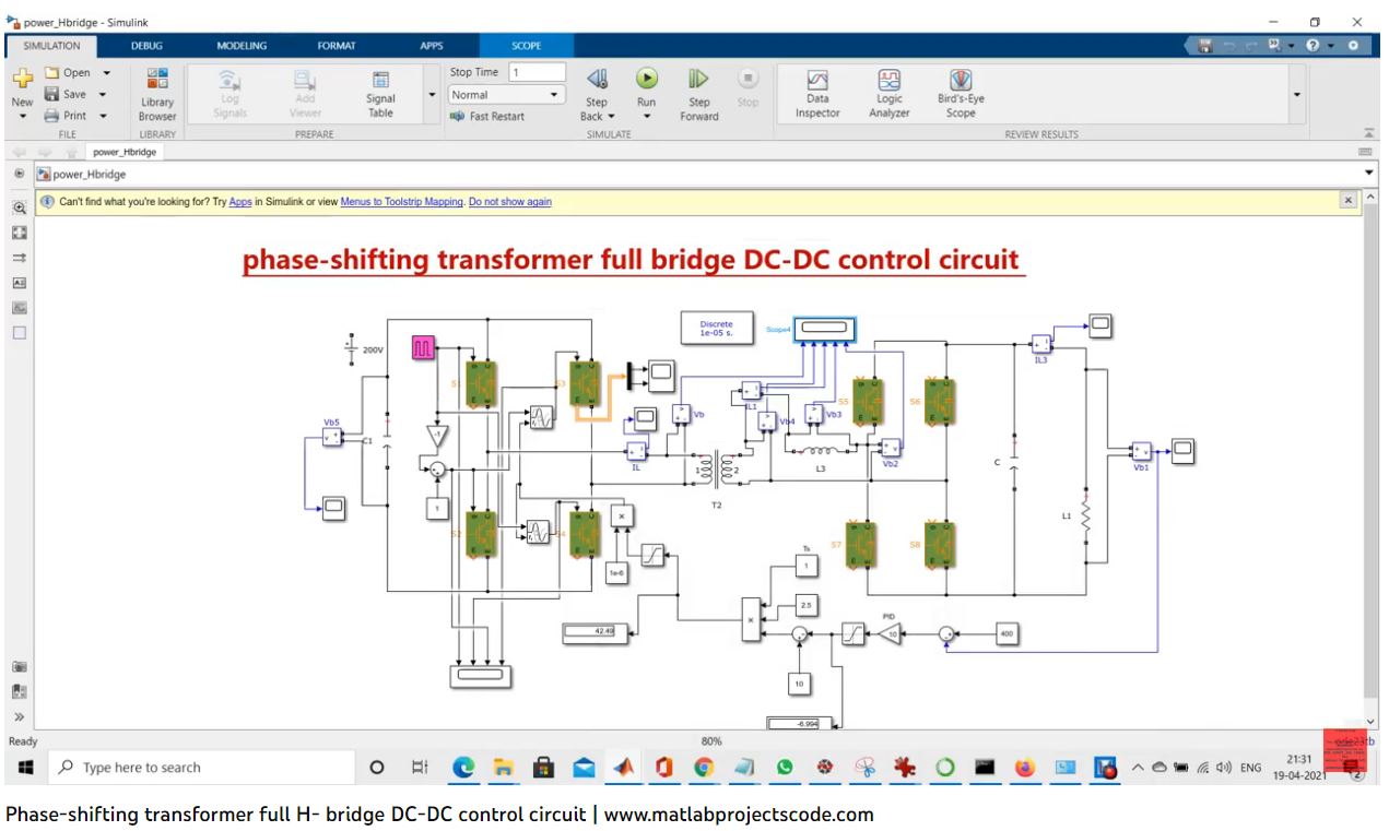 Phase-Shifting Transformer Full H- Bridge Dc-Dc Control Circuit project simulation thumbnail for Power Electronics Engineering